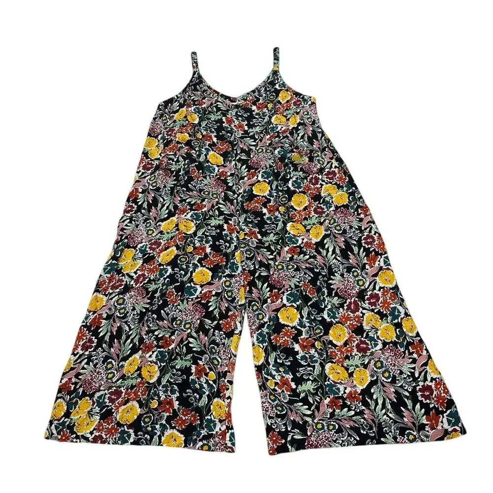 Natural Life Womens XL Floral Jumpsuit Colorful Boho Wide Leg Pockets Artsy